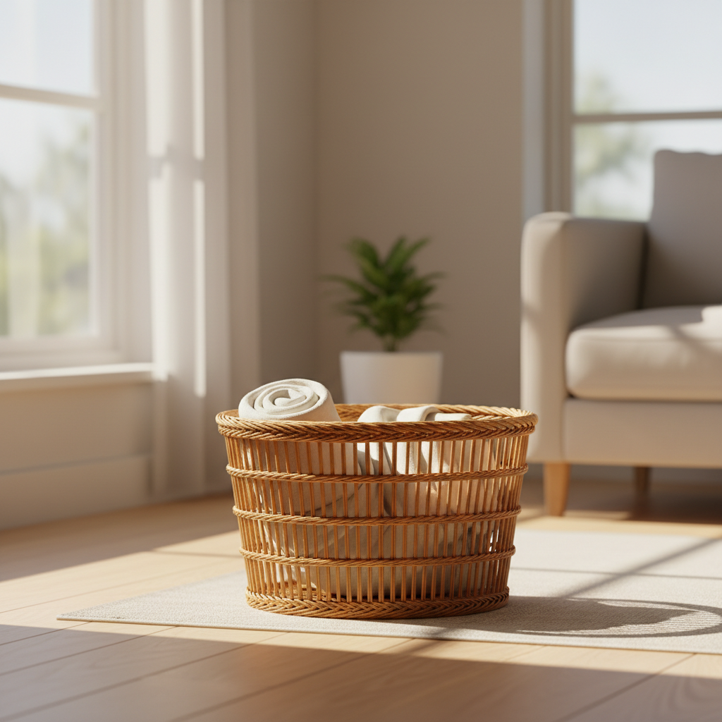 A beautifully woven rattan basket, immaculately clean and glowing with its natural golden-brown hue, placed elegantly in a minimalist, sunlit living room. Sunlight streams through a window, highlighting the intricate texture of the basket, which holds a neatly rolled blanket. The scene emphasizes warmth, natural beauty, and a well-cared-for home accessory, suggesting the reward of proper maintenance. The overall style is a professional, high-quality photograph with soft, inviting lighting and a shallow depth of field, focusing on the basket's pristine condition.
