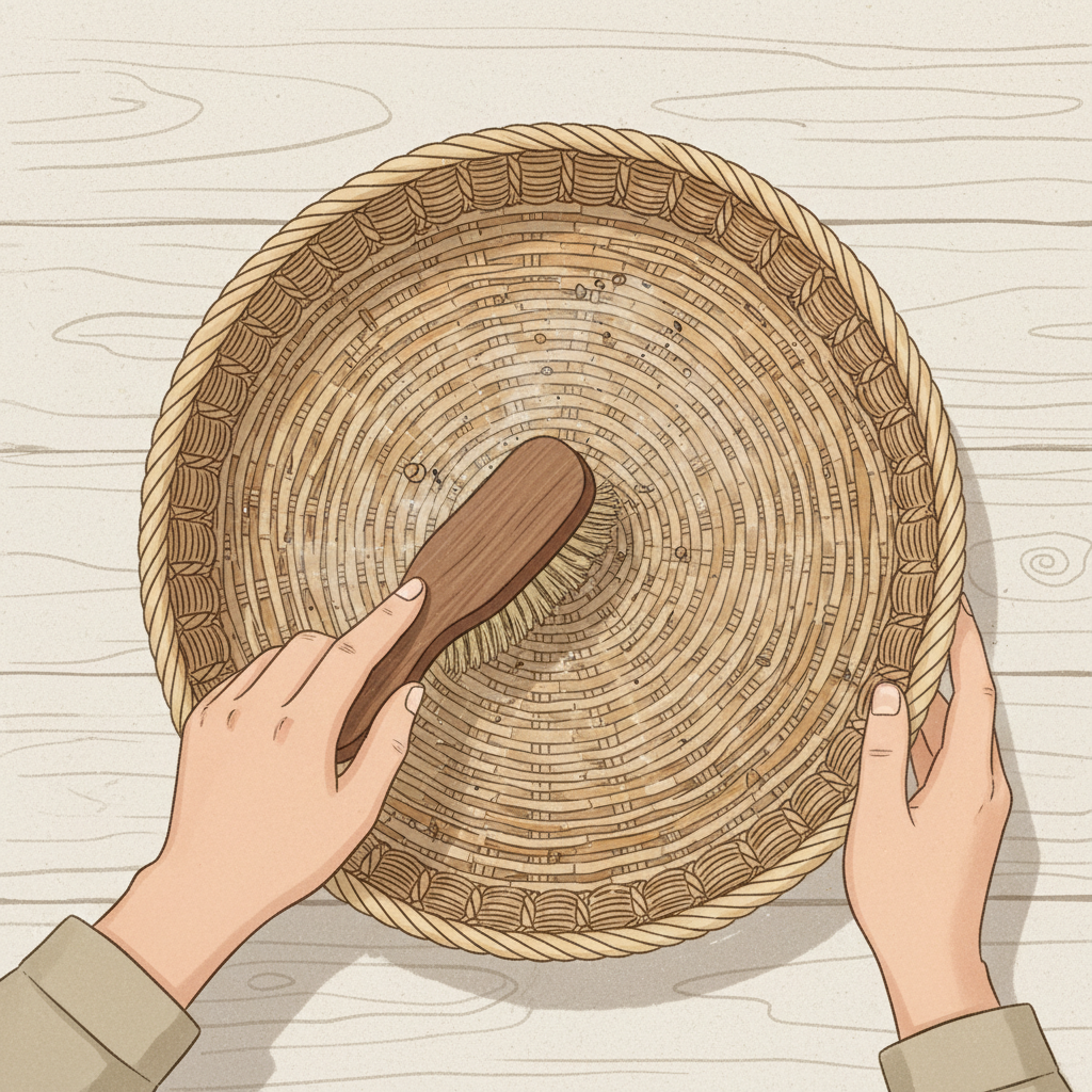 A close-up, top-down view of hands gently removing loose dirt from a medium-sized, intricately woven rattan basket. One hand holds a soft, natural-bristle brush, carefully sweeping away visible dust and crumbs from the rattan's surface and crevices. The other hand lightly steadies the basket on a simple, uncluttered surface. The style is a realistic, bright illustration, focusing on the careful action and the texture of both the rattan and the brush bristles, using natural, earthy tones.