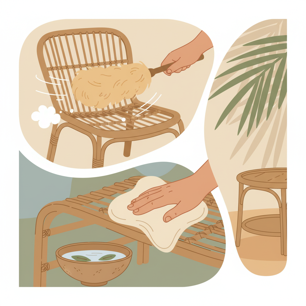 A flat illustration depicting essential rattan furniture care steps. The image is compositionally structured into soft, flowing sections without explicit borders. One prominent section shows a hand gently dusting a rattan chair with a fluffy duster, capturing the movement. Another section illustrates a hand carefully wiping rattan with a damp, soft cloth, with a small, simple bowl containing a clear, natural-looking cleaning liquid subtly in the foreground. A third, more subtle element suggests protecting rattan from harsh elements, perhaps with a blurred background showing dappled sunlight or a hint of a shaded patio. The style should be clean, friendly, and use a palette of natural, earthy tones.