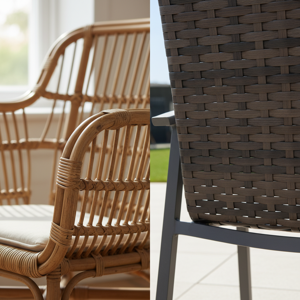 A professional, crisp macro photograph showcasing a side-by-side comparison of rattan materials. On the left, a close-up of natural, organic rattan weave with its characteristic fibrous texture and slight imperfections, perhaps integrated into an elegant indoor armchair. On the right, a close-up of smooth, uniform polyrattan strands forming a neat, weather-resistant weave, potentially hinting at an outdoor setting like a patio chair. The image should clearly distinguish between the earthy, natural feel and the modern, synthetic look, emphasizing texture differences.