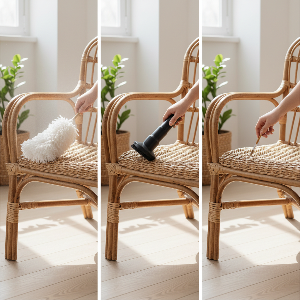 A bright, clean lifestyle photograph depicting the regular dust removal process for a rattan armchair. A person's hands are gently performing three distinct actions: first, using a soft, fluffy dust duster to lightly brush over the surface; second, carefully maneuvering a vacuum cleaner nozzle with a soft brush attachment along the weave; and third, meticulously using a small, soft artist's or make-up brush to clean dust from the tight crevices. The scene should convey care and effectiveness, with the rattan appearing well-maintained.