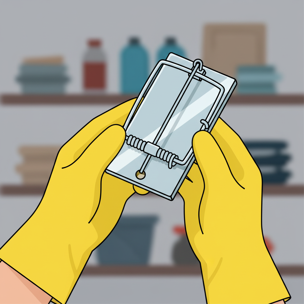 A flat illustration depicting a person's hands, wearing robust yellow rubber gloves, carefully holding an empty, clean metal snap rat trap in a practical, slightly blurred background of a utility room or garage. The focus is on hygiene and preparedness. The style should be clean, modern, and instructional, emphasizing safety precautions before handling the trap. No text, labels, or numbers should be present on the image.