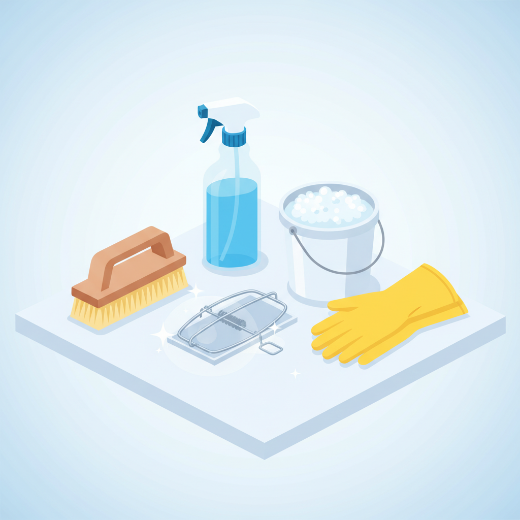 An infographic-style illustration showcasing various cleaning supplies neatly arranged on a light-colored, sterile-looking surface. Included items are a scrub brush, a spray bottle (visually generic cleaner, no branding), a small bucket of foamy water, and a pair of disinfected rubber gloves. A sparkling clean, empty rat trap, implying successful cleaning, is positioned alongside the tools. The overall aesthetic should convey hygiene, organization, and effectiveness. No text, labels, or numbers should be present on the image.