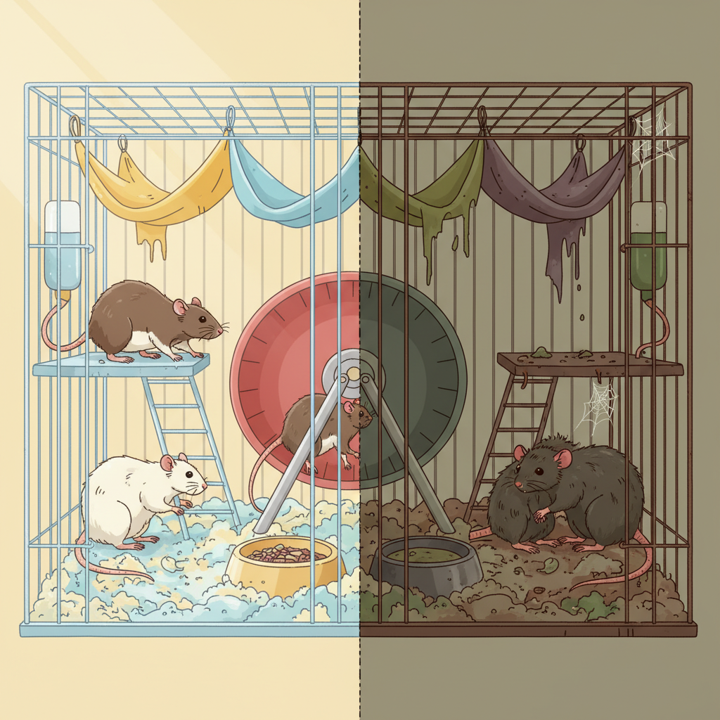 A visually striking flat illustration contrasting two rat cages. On the left, a bright, meticulously clean cage with fresh bedding, shining accessories, and two healthy, playful rats happily exploring. The atmosphere is light and airy, suggesting well-being. On the right, a cluttered, dimly lit cage with soiled bedding, scattered food debris, and two rats looking somewhat withdrawn or huddled, conveying a sense of discomfort and neglect. The overall illustration emphasizes the stark difference in hygiene and animal well-being.
