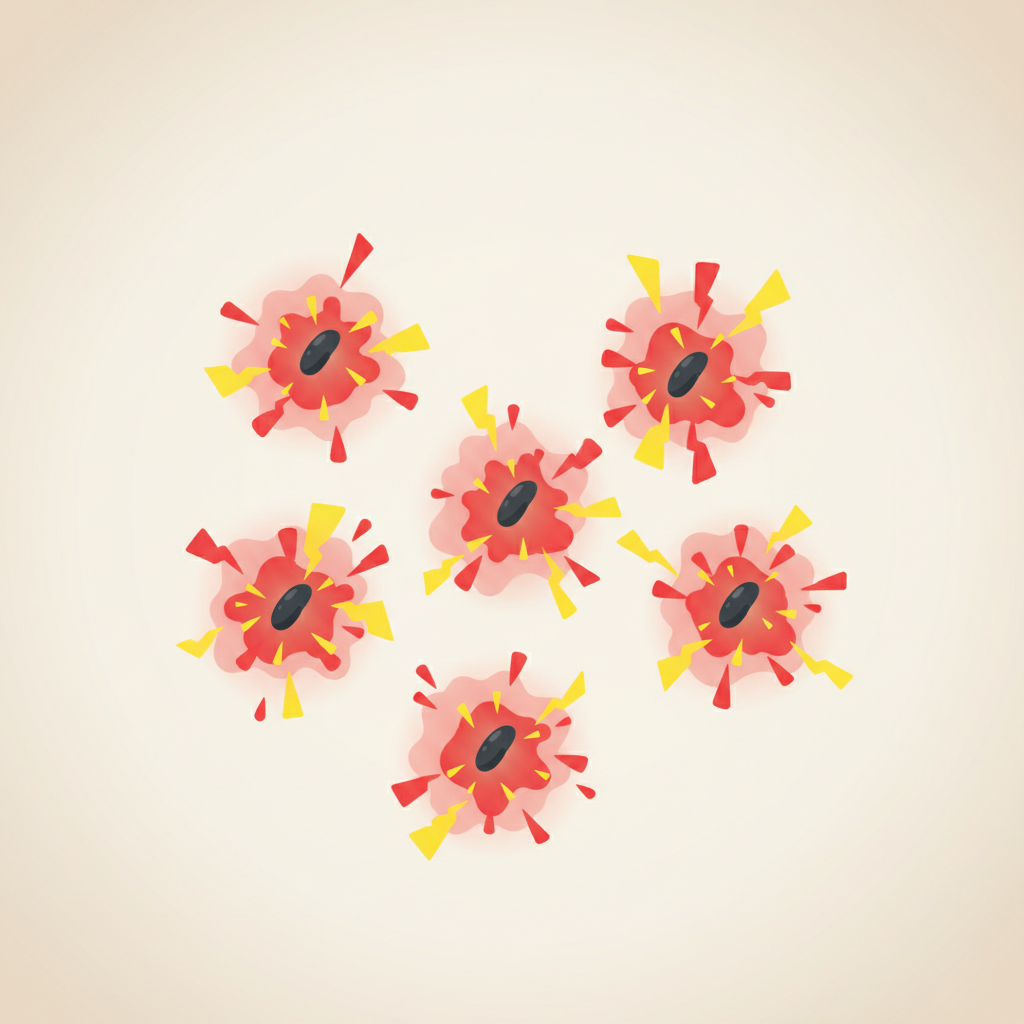 A top-down, slightly zoomed-in flat illustration depicting several small, dark rat droppings scattered on a clean, light-colored kitchen counter surface. Around and subtly emanating from each dropping are abstract, glowing visual metaphors for invisible pathogens – perhaps small, stylized red or yellow geometric shapes or amoeba-like forms, suggesting contamination and danger. The background is simple and uncluttered, maintaining focus on the droppings and their hazardous aura. The overall aesthetic is clean, modern, and slightly alarming, highlighting the health risks without being overly graphic.