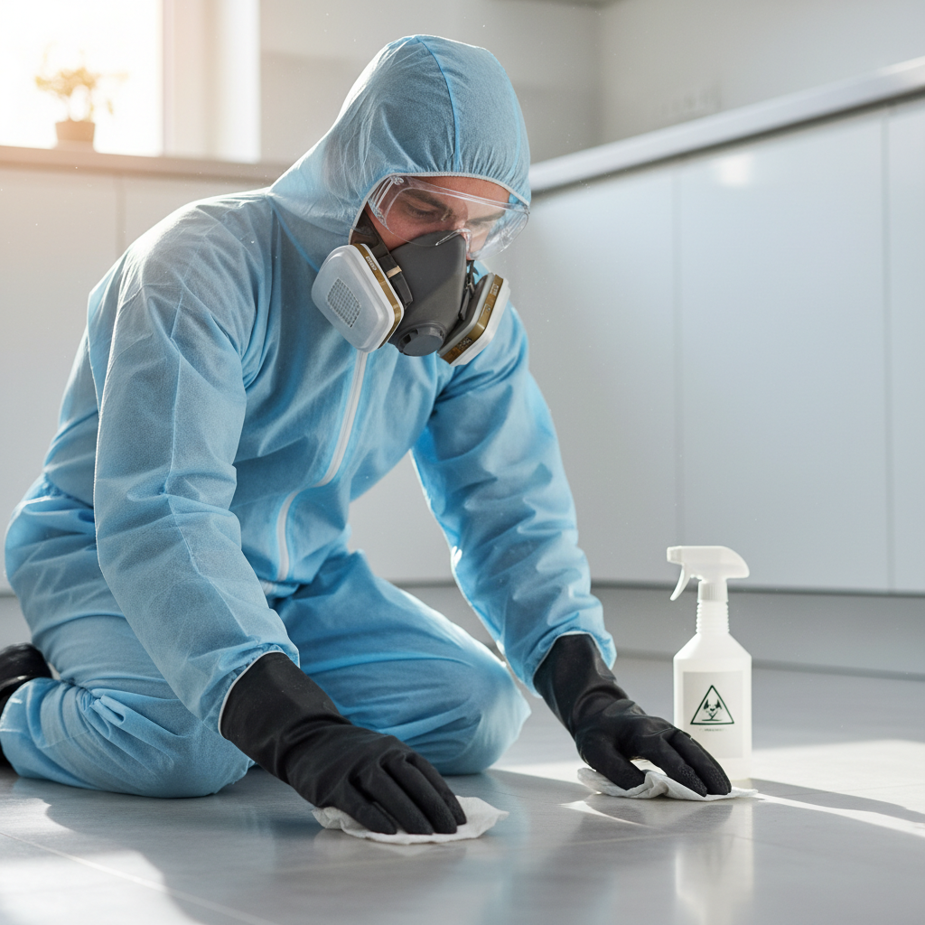 A professional, well-lit photo from a medium distance, showing a person's torso and hands clad in full personal protective equipment (PPE) – thick rubber gloves, a respirator mask, and a disposable protective suit (white or light blue). The person is carefully wiping a specific area on a hard floor or surface with a damp paper towel or sponge, next to a spray bottle of disinfectant. The scene emphasizes careful, safe cleaning practices in a clean, domestic-like environment. The focus is on the responsible and thorough cleanup process, conveying hygiene and diligence.
