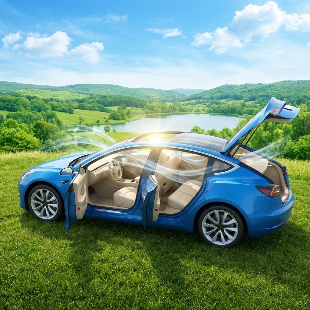 A professional digital illustration showing a car parked outdoors on a bright, sunny day. All car doors and windows are wide open, creating a visually striking sense of ventilation. Sunlight streams into the car's interior, highlighting clean, fresh-looking upholstery and dashboard surfaces. A subtle visual representation of fresh air currents flowing through the car is present, perhaps as faint, clear lines or a slight blur effect. The background features a serene outdoor landscape, like green trees and a clear blue sky, reinforcing the theme of natural renewal and effective airing out. The style should be vibrant and clean, evoking freshness.