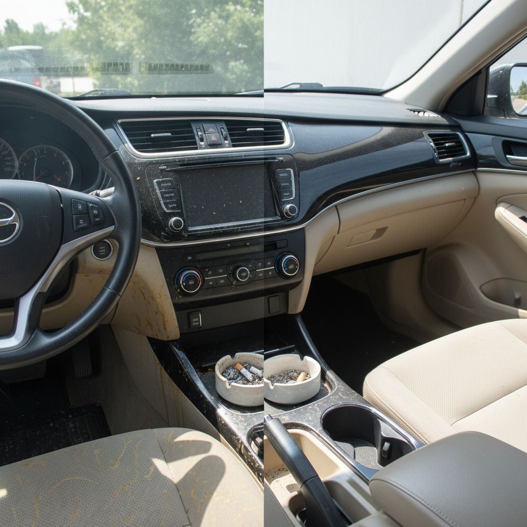 A high-quality, realistic photo depicting a stark contrast within a car's interior. The left side of the image shows a heavily soiled dashboard and car seat, covered in yellowish-brown nicotine stains and residue. The air around it appears slightly murky, symbolizing lingering smoke odor. A subtly placed, empty, and stained ashtray reinforces the context. The right side mirrors the same car interior, but it's now pristine and sparkling clean. Surfaces gleam, upholstery looks fresh, and abundant natural light floods the space, conveying a sense of renewed freshness and hygiene. The visual difference is dramatic.