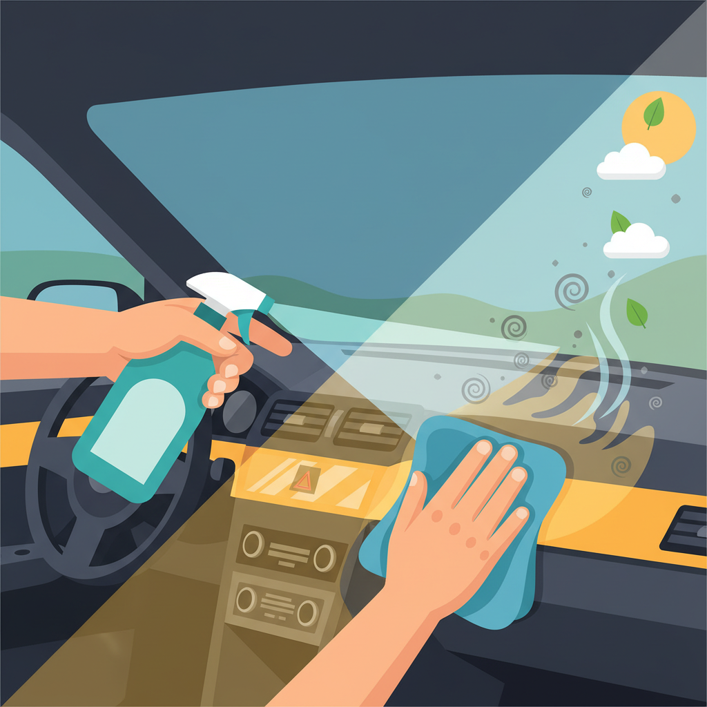 A vibrant, modern flat illustration showing a dynamic car interior cleaning scene. A person's hands are actively engaged in cleaning a car's dashboard. One hand holds a generic spray bottle, emitting a mist of cleaning solution onto the surface. The other hand, covered with a microfiber cloth, wipes away visible streaks of yellowish-brown grime. From the cleaned area, tiny, stylized 'odor' particles are shown dissipating upwards, transforming into fresh, clean air symbols, highlighting the effective removal of smoke residue and unpleasant smells. Focus on action and transformation.