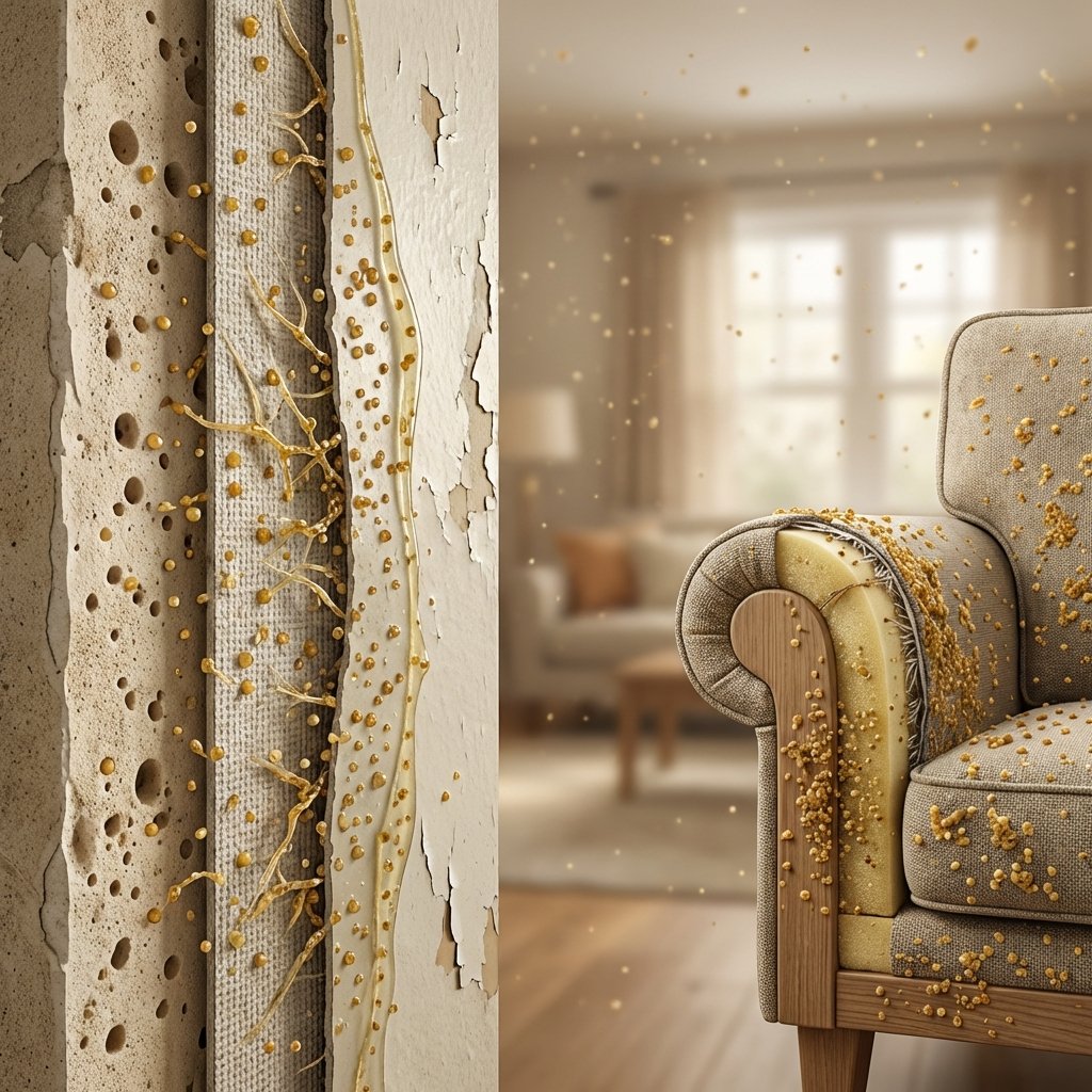 A detailed infographic-style illustration depicting a cross-section of a typical house wall or a piece of upholstered furniture. Microscopic smoke particles, represented as tiny, sticky, yellowish-brown dots or abstract shapes, are deeply embedded within the porous material, like wallpaper fibers, paint layers, or fabric threads. Some particles are also visible as a thin, sticky film on the surface. The background subtly suggests a room interior, emphasizing how pervasive these particles are. The overall impression should convey the difficulty and stubbornness of removing these deeply settled smoke residues, highlighting their deep penetration.