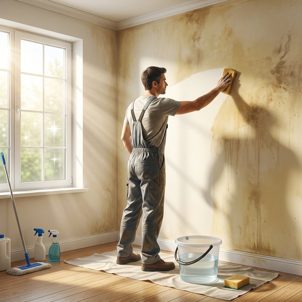 A professional photo-realistic illustration depicting a bright, clean room undergoing a thorough cleaning process. A person, seen from the back or side, is diligently washing a wall with a sponge, holding a bucket filled with a transparent liquid (suggesting a cleaning solution like vinegar-water). Sunlight streams through a freshly cleaned window, illuminating the space and highlighting the contrast between a previously smoke-stained area and a section of the wall that has just been cleaned. The scene evokes a sense of renewal, freshness, and active effort in transforming a smoke-laden environment.
