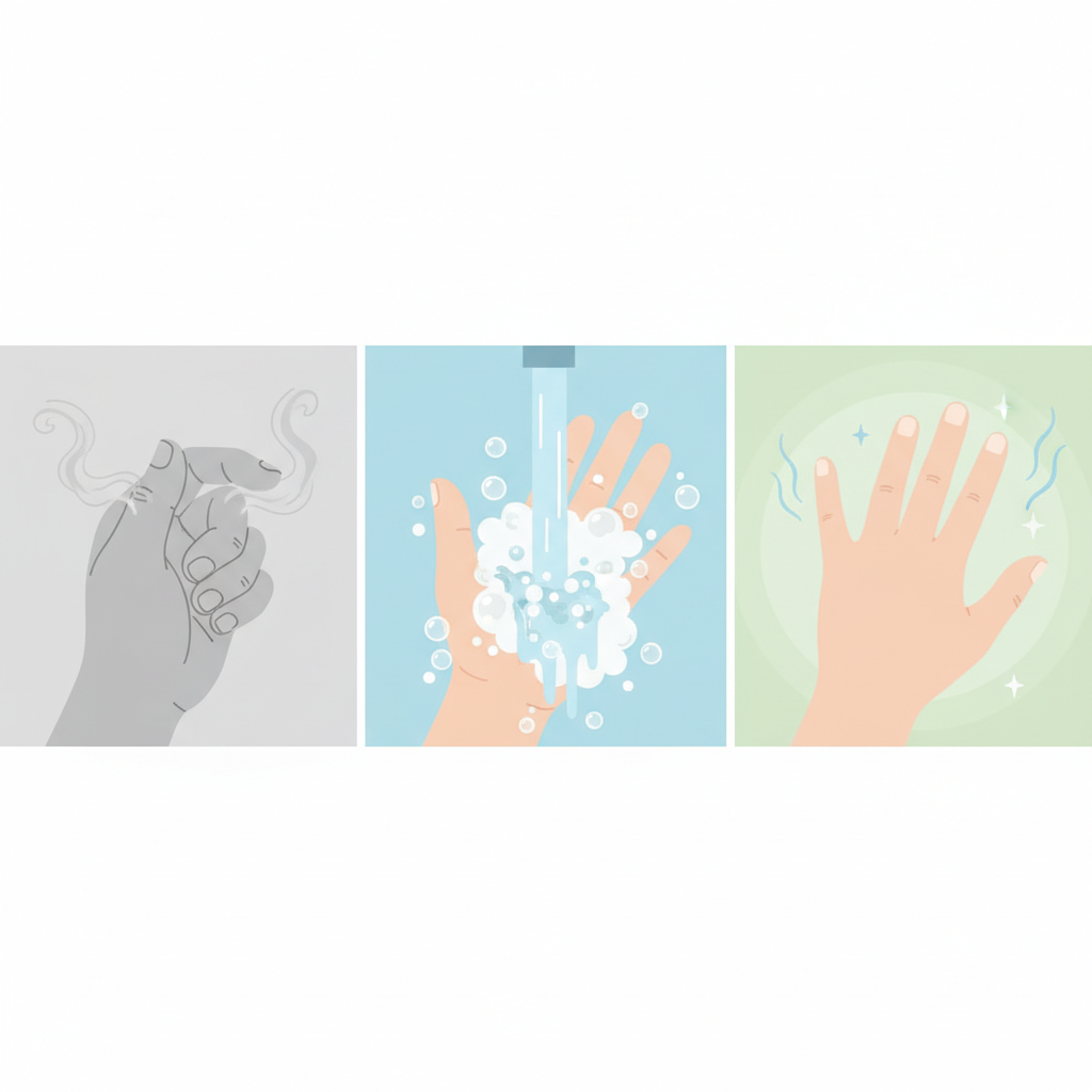A multi-panel flat illustration showing the transformation from smoky fingers to clean hands. The first panel depicts the thumb and index finger of a hand, subtly discolored or with a faint gray haze, suggesting smoke residue. The second panel shows the same hand actively washing under running water, with soap suds and bubbles visibly cleansing the skin. The final panel displays the hand looking completely clean and fresh, possibly with a subtle visual aura of cleanliness or a faint, light scent symbol (no actual text or letters). The style should be clean, modern, and easily digestible.