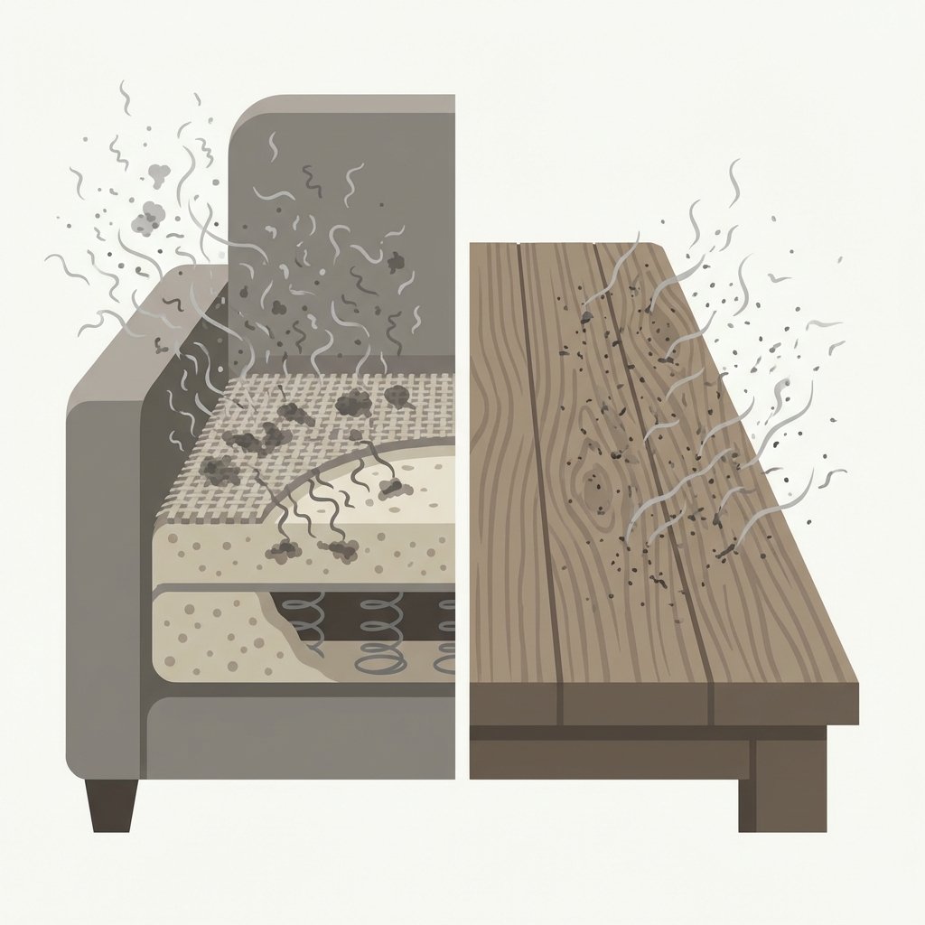 A detailed flat illustration depicting the concept of smoke smell deeply penetrating furniture. Show a cross-section of a stylized sofa cushion and a segment of a wooden table surface. Tiny, wispy grey smoke particles are visibly embedding themselves into the fabric fibers of the cushion and the grain of the wood. The particles should appear numerous and pervasive, illustrating the stubborn nature of the odor. The overall aesthetic should be clean and informative, using a subdued color palette to emphasize the problem without being overly dramatic, suitable for an explanatory blog post.
