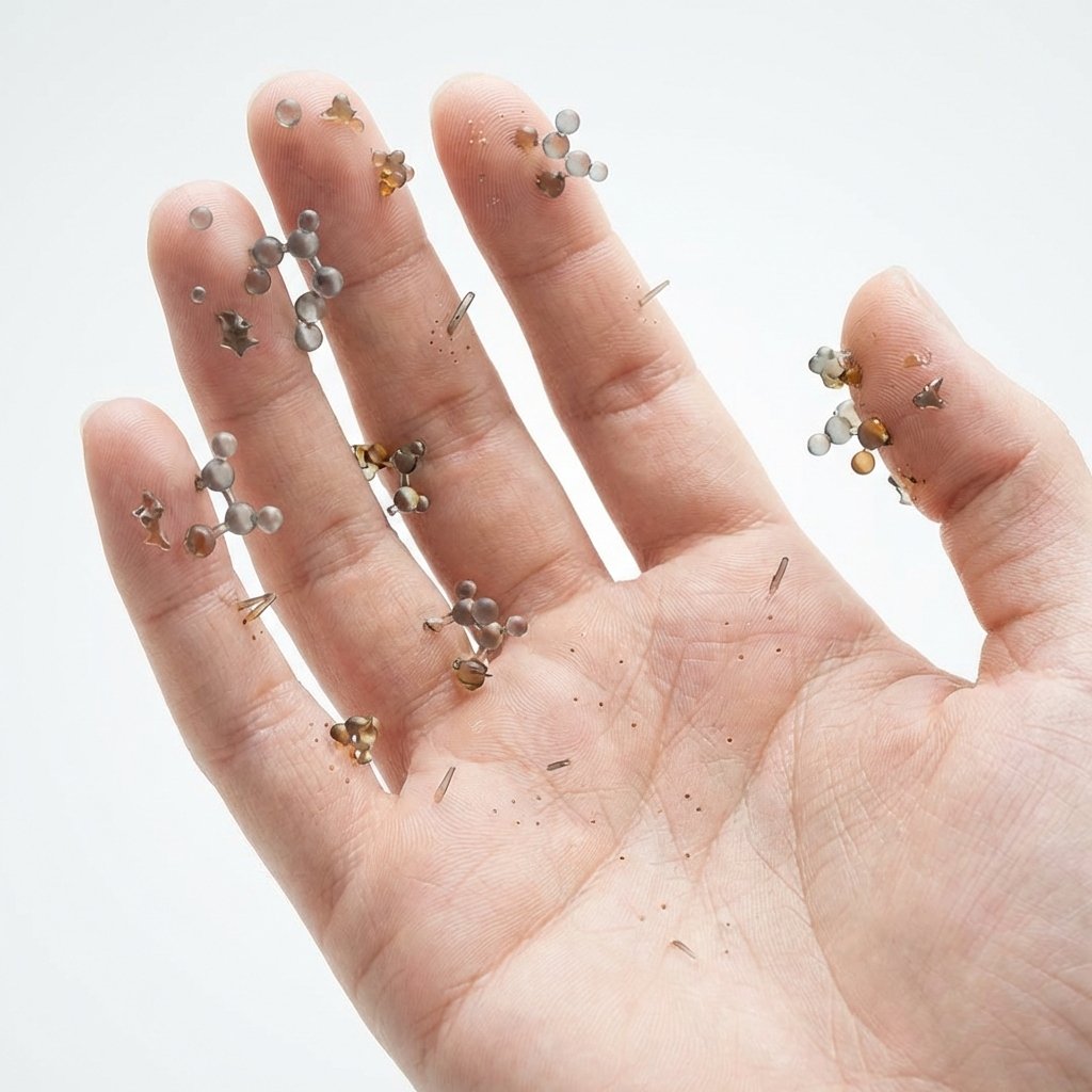 A conceptual, infographic-style illustration depicting the 'why' behind stubborn smoke smell on hands. A realistic, slightly zoomed-in view of an open palm and fingers. Superimposed on the hand are stylized, microscopic particles or molecules, visually representing tar, nicotine, and other chemical compounds from smoke. These particles are shown adhering to the skin surface, particularly between fingers and around cuticles, with some subtly penetrating into the skin's pores. The overall color palette should be clean, with subtle hints of grey or brown for the smoke particles against fresh skin tones. Clean, bright background.
