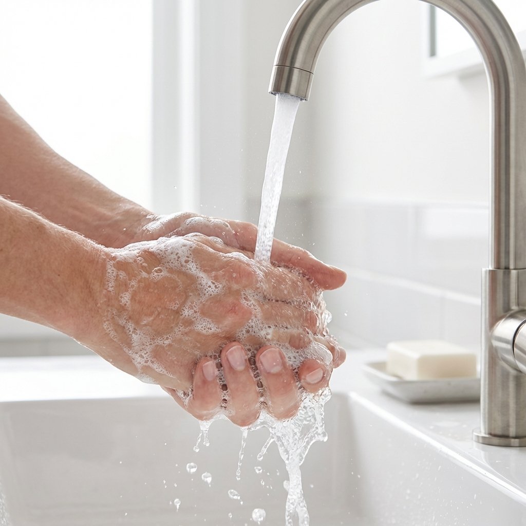 A dynamic, clean photographic style illustration capturing the immediate action of thoroughly washing hands to remove smoke odor. The image should feature a pair of hands vigorously lathering with a rich, white soap under a stream of clear water from a modern faucet. Focus on the scrubbing motion, ensuring soap suds are visibly working their way between fingers and around nails. The water should look refreshing and clean, with a sense of motion. The background should be a bright, minimalist bathroom sink area, emphasizing cleanliness and efficacy.