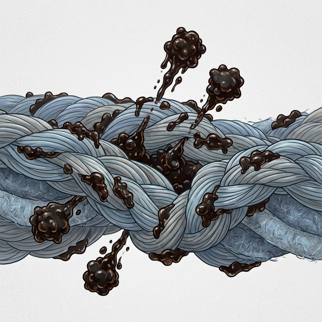 A detailed scientific illustration or infographic style image showing a magnified cross-section of a car's interior fabric (like seat upholstery or carpet). Tiny, intricate smoke particles (represented as dark, irregular, sticky-looking molecules) are visibly embedded deep within and clinging to the individual fibers. Some particles should appear to be actively penetrating the material, emphasizing their stubborn nature and illustrating why smoke smell is so persistent. Use a clean, educational aesthetic with clear differentiation between the material fibers and the smoke particles.