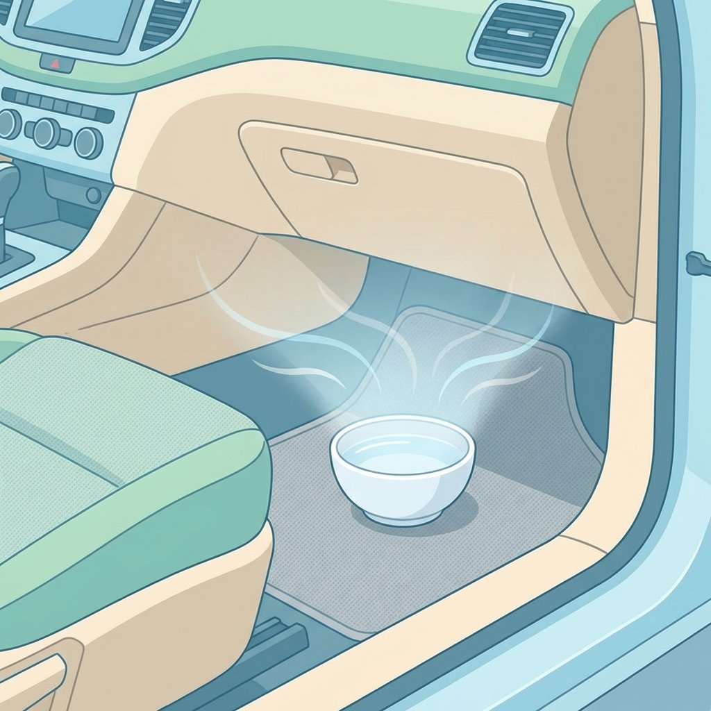 A clean, bright flat illustration depicting the interior of a car, specifically the passenger footwell or a car seat. A simple, small, white ceramic bowl filled with a clear liquid (representing vinegar) is placed neatly on the floor mat or passenger seat. Subtle, wavy lines or a faint, light glow should emanate from the bowl, visually suggesting the absorption or neutralization of unseen odors in the air. The car interior should appear well-maintained with a fresh, calming color palette.