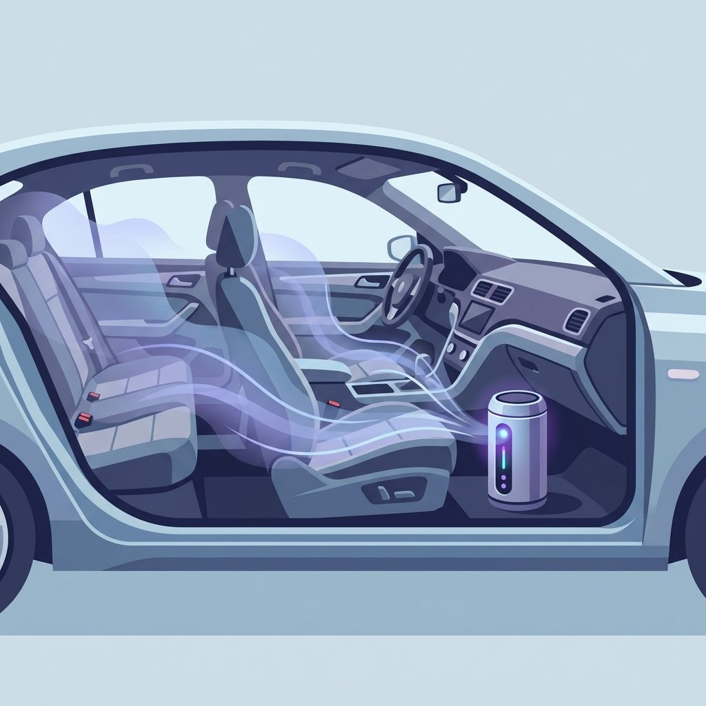 A professional, modern flat illustration showing the interior of a car undergoing an ozone treatment. The car's doors are closed, and inside, a sleek, compact ozone generator machine sits prominently on the passenger floor or center console. Faint, ethereal blue-purple mist or swirling lines emanate from the device, gently permeating and filling the cabin. The interior elements like seats, dashboard, and steering wheel are clearly visible, suggesting the ozone is reaching all surfaces for a deep cleaning process. The scene conveys efficiency and advanced technology.