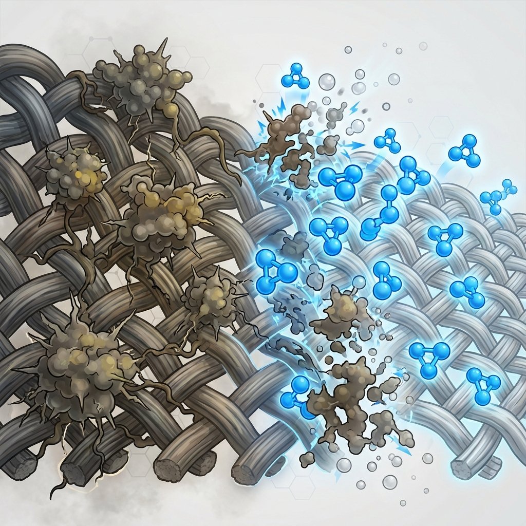 A conceptual infographic-style illustration depicting the microscopic interaction of ozone with smoke particles within car upholstery. On the left side, stylized brown-grey smoke molecules are shown deeply embedded and clinging tenaciously to the fibers of a magnified car seat fabric. On the right side, vibrant blue ozone molecules (represented as O₃ clusters) are actively breaking apart and dissolving these smoke molecules, transforming them into smaller, harmless, uncolored particles. The visual should clearly convey the neutralization process at a molecular level, highlighting ozone's powerful oxidative action.