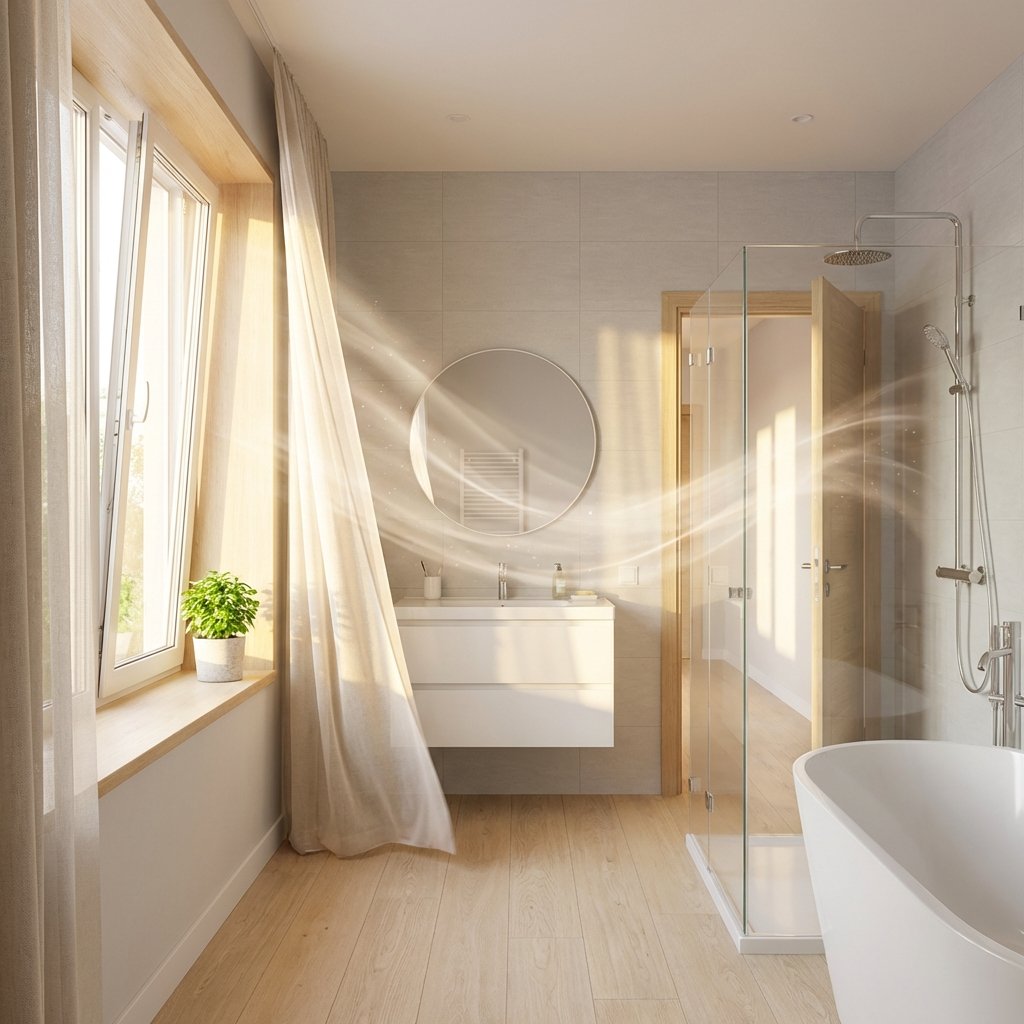 A bright, professional photo of a modern, clean bathroom interior with both a window and the bathroom door wide open. Sunlight streams into the room, illuminating a subtle, visual representation of airflow – perhaps very faint, swirling, light-colored lines or a gentle, breezy effect indicating fresh air entering and stale air leaving. The overall atmosphere should convey a sense of renewal, freshness, and cleanliness, emphasizing good ventilation. The bathroom fixtures appear tidy and inviting.