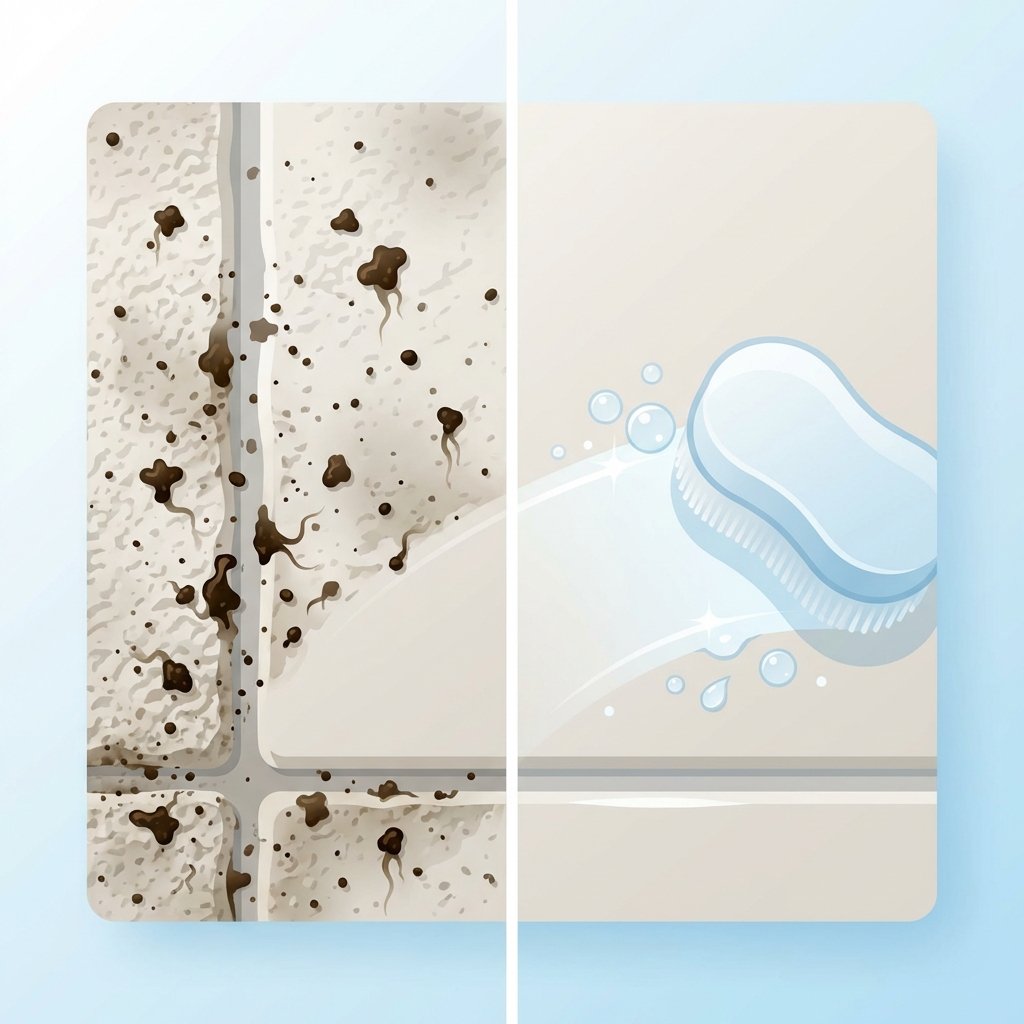 A detailed, clean flat illustration or infographic-style image depicting a 'before and after' comparison of a bathroom surface at a microscopic level. On the 'before' side, show a magnified view of a textured bathroom wall (like painted plaster or tile grout), with numerous tiny, dark, sticky smoke particles visibly embedded and clinging to the surface. On the 'after' side, show the identical surface completely pristine, smooth, and free of any particles, symbolizing thorough cleaning. A subtle visual cue of a cleaning action, like a soft sponge passing over the 'after' surface, can be included.