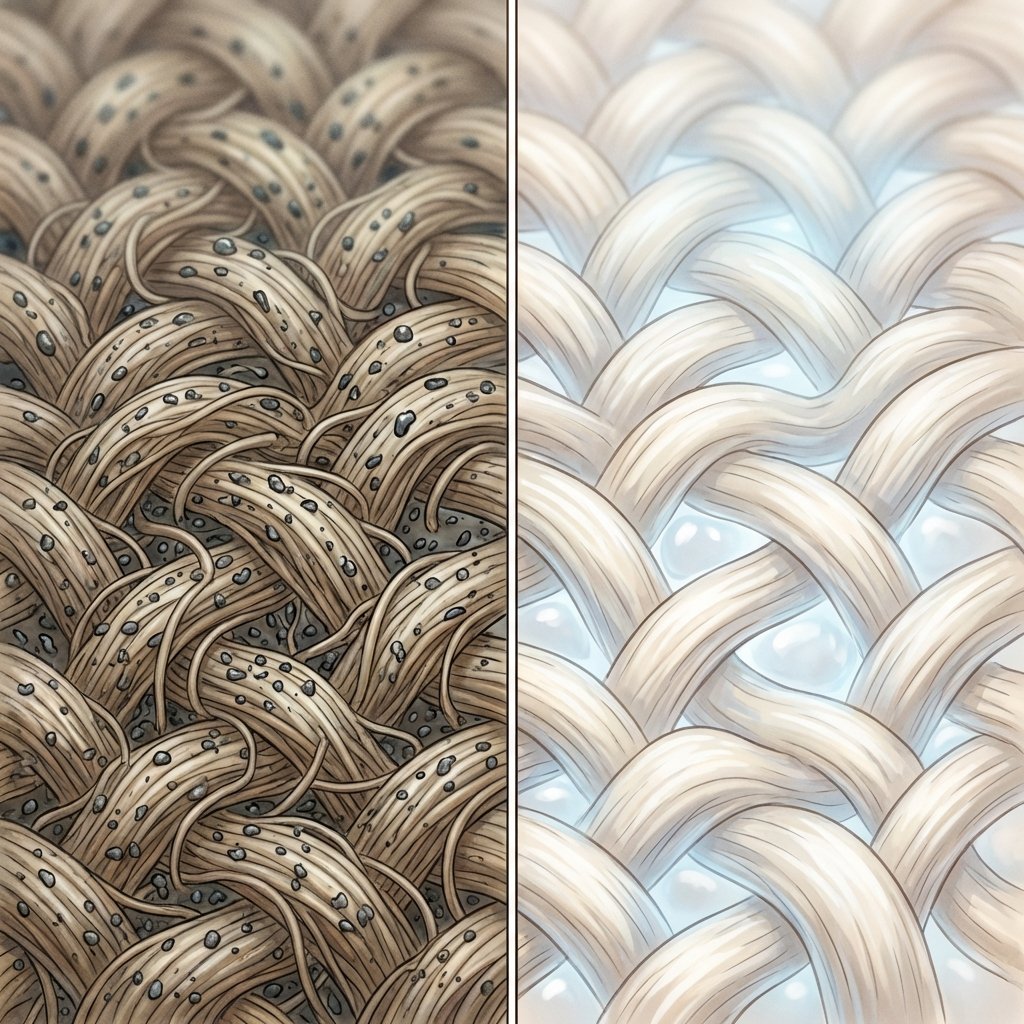 A detailed, close-up cross-sectional view of couch fabric fibers. Tiny, dark, oily smoke particles are depicted deeply embedded within the intricate network of threads, clinging persistently to the material. In a juxtaposed section, the fibers appear clean, fresh, and slightly plump, with light, airy spaces surrounding them. The image visually contrasts the embedded odor-causing particles with the notion of purified, breathable fabric, highlighting the challenge and solution. Style: A sophisticated, semi-realistic scientific illustration with an aesthetic, blog-friendly appeal.
