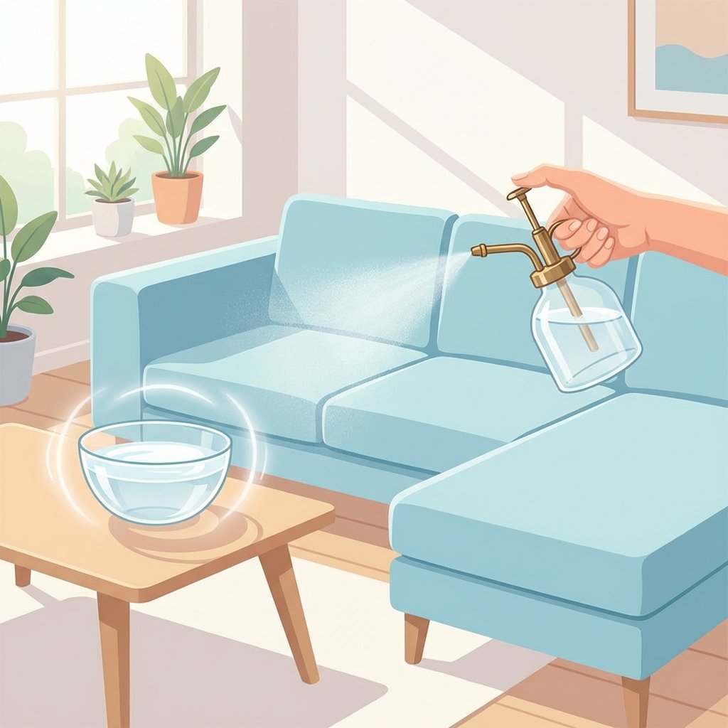 A bright, inviting living room scene focusing on a stylish, clean couch. A hand gently mists a section of the couch with a fine spray from an elegant spray bottle, hinting at a gentle cleaning application. Nearby, on a small side table or coffee table, a simple, clear bowl containing a transparent liquid is subtly positioned, with a faint, clean aura emanating from it, suggesting odor neutralization. The overall impression is one of cleanliness, freshness, and the quiet effectiveness of home remedies. Style: A bright, modern flat illustration with soft colors and clean lines, emphasizing freshness and home comfort.