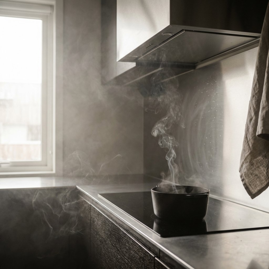 A professional, slightly dramatic photo of a modern kitchen interior filled with diffuse smoke. A stovetop shows a pot with a gentle plume of smoke rising, suggesting burnt food. Subtle smoke trails are visibly clinging to textured surfaces like a wooden cabinet door and a nearby textile kitchen towel, contrasting with a smooth, reflective stainless steel appliance where particles also adhere. The overall atmosphere should convey a sense of a lingering, unwelcome smell, with light catching the airborne smoke.