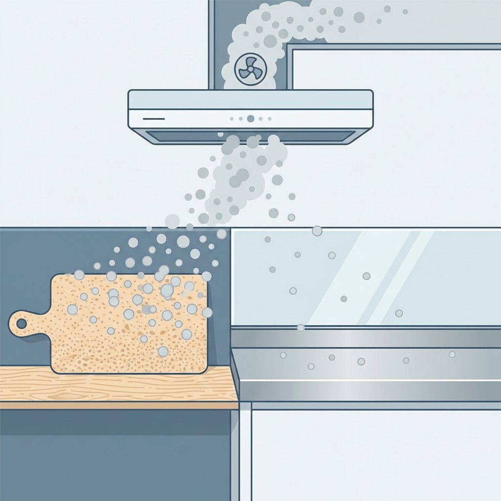 A clean, modern flat illustration depicting a stylized kitchen cross-section focused on smoke particle behavior and ventilation. An active extractor hood is clearly shown pulling light grey smoke particles upwards and out. Simultaneously, other smoke particles are illustrated clinging to various kitchen surfaces: densely on a textured, porous wooden cutting board or shelf, and more sparsely but still present on a sleek, smooth stainless steel counter or glass pane. The illustration should highlight the difference in particle adherence to different material types.