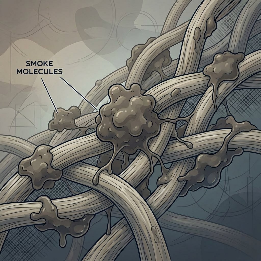 A detailed close-up illustration of upholstered fabric fibers (e.g., from a sofa or armchair cushion), showing a microscopic view. Wisps of grayish-brown smoke molecules, depicted as tiny, sticky, and somewhat greasy particles, are deeply embedded within and clinging tenaciously to the interwoven textile fibers. The overall impression should be one of stubborn adherence and deep penetration. Style: A clean, modern scientific illustration with a slightly abstract touch, using a subdued color palette to emphasize the grimy nature of smoke.