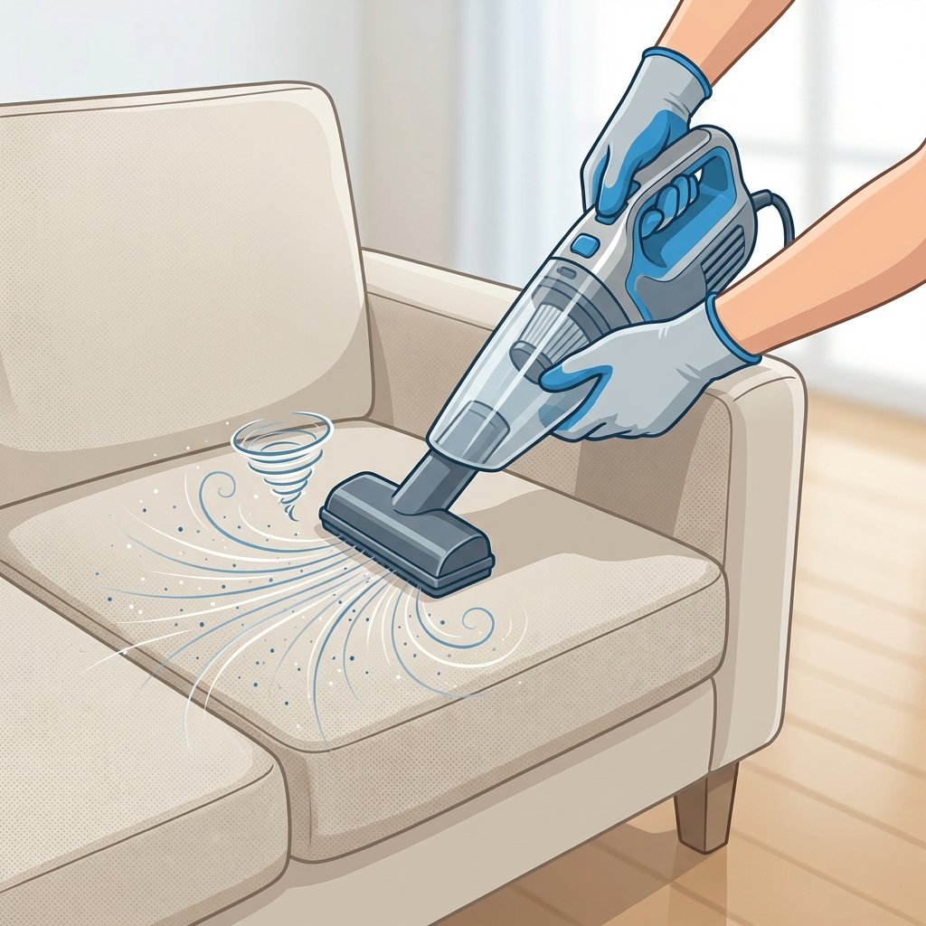 A professional, well-lit illustration depicting hands using a vacuum cleaner with a specialized upholstery attachment. The focus is on the attachment systematically cleaning the surface of a light-colored sofa or armchair cushion. Subtle visual cues (e.g., faint lines or a gentle vortex effect) indicate dust and microscopic smoke particles being effectively drawn into the vacuum. The scene conveys diligence and thorough preparation. Style: Clean, crisp vector illustration with a practical, helpful aesthetic.