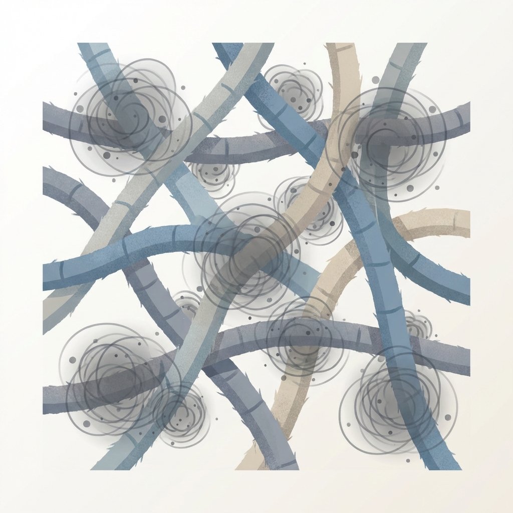A highly stylized, microscopic view of fabric fibers from a sofa. The fibers should appear intricate and interwoven, possibly with a slightly fuzzy texture. Interspersed and clinging deeply within these fibers are small, swirling, translucent gray smoke particles, depicted as stubborn and deeply embedded. The overall impression should be one of trapped, persistent odors. Use a clean, modern flat illustration style with a subtle sense of depth, emphasizing the problem of smoke molecules adhering to porous materials. No text or labels whatsoever.