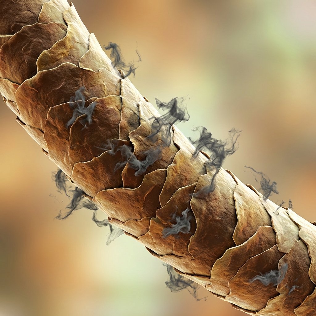 A close-up, microscopic view of a single wool fiber. The fiber should appear as a textured, scaly protein strand. Tiny, abstract smoke-like particles (depicted as wispy, dark grey, irregular shapes) are visibly trapped and embedded within the scales and crevices of the fiber, illustrating how odors cling. The background is a soft, blurred light. Scientific illustration style with a warm, natural color palette, emphasizing the intricate structure.