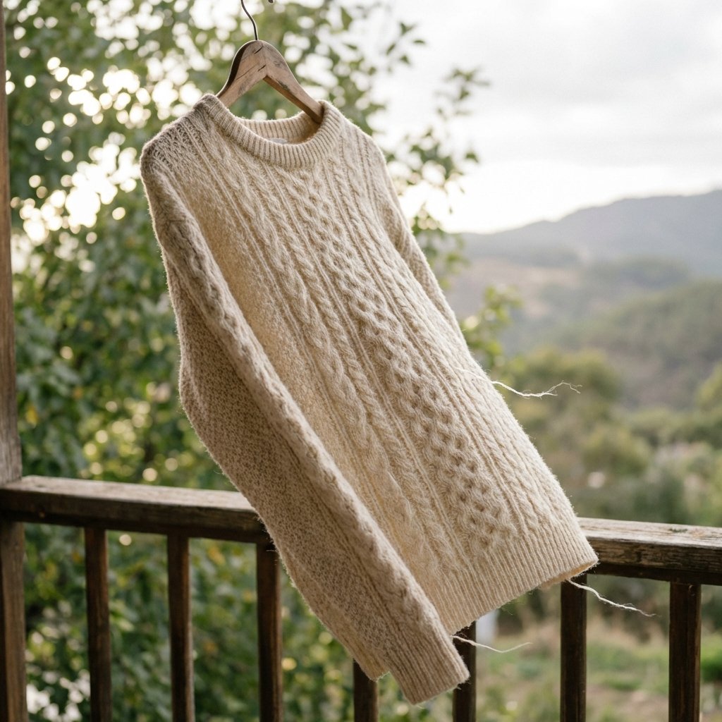 A cozy, soft wool sweater (in a neutral cream or light grey) hanging gently on a wooden hanger on an outdoor clothesline or a balcony railing. The setting is bright but not direct sun, with subtle hints of a gentle breeze suggested by soft movement of the fabric or blurred background elements like green leaves or a distant natural landscape. Professional photo style, conveying a sense of cleanliness, natural ventilation, and freshness.