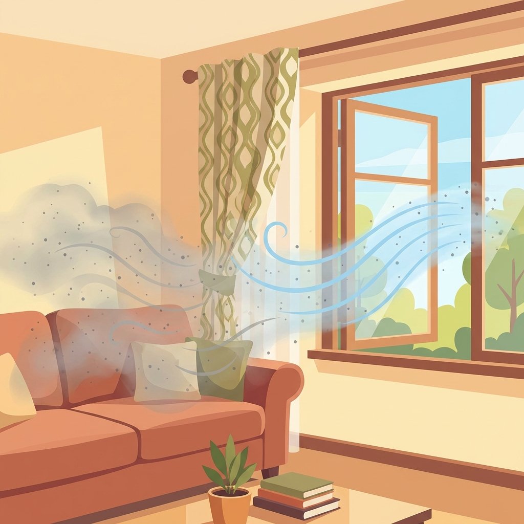 A cozy living room scene, but with a subtle, smoky haze visibly clinging to soft furnishings like a sofa and curtains, represented by small, swirling grey particles. One large window is wide open, with clear, fresh air indicated by light blue, stylized airflow lines pushing the smoke particles out of the room towards the outside. The overall atmosphere should convey a gradual transformation from stale to fresh. The style should be a warm, inviting flat illustration with soft, clean lighting, emphasizing the contrast between the lingering odor and the incoming clean air without being overly dramatic.