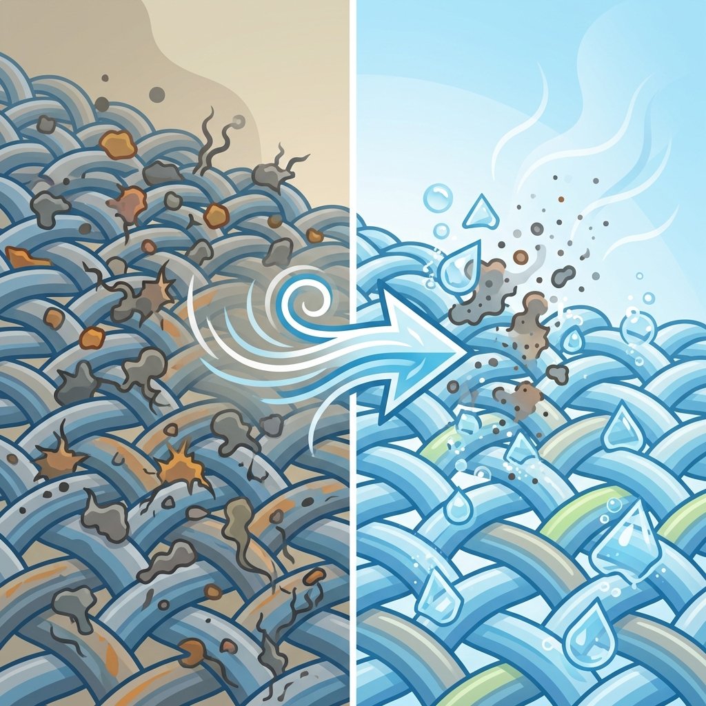 A vibrant, conceptual flat illustration depicting the science behind smoke removal. On one side, microscopic, stubborn grey and brown smoke particles are deeply embedded within the fibers of a woven textile or porous wood surface, showing their adherence. On the other side, clear, slightly acidic vinegar molecules (represented by small, abstract geometric shapes or droplets) are actively breaking down and dissolving these smoke particles, causing them to detach and dissipate. The overall impression is a transformation from persistent odor to cleanliness, emphasizing the neutralizing action.