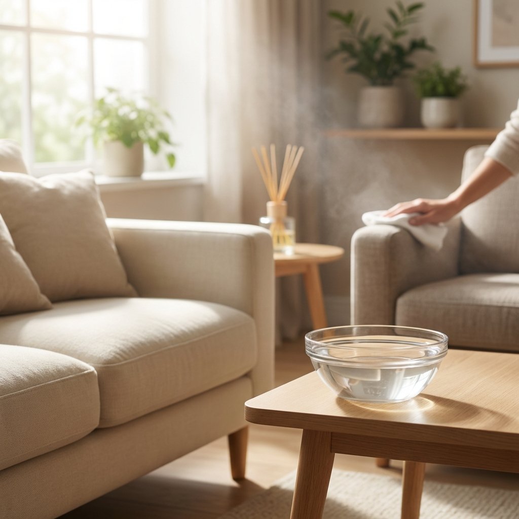 A bright, inviting professional photo set in a modern, well-lit living room, subtly hinting at the presence of a lingering smoke odor without showing actual smoke. A stylish glass bowl filled with clear white vinegar is discreetly placed on a coffee table next to a plush sofa. In the background, a person's hand, partially visible, is gently wiping a fabric armchair or curtain with a clean cloth, implying the precise application of a vinegar solution for deeper cleaning. The image conveys a sense of an effective, natural home remedy in action.