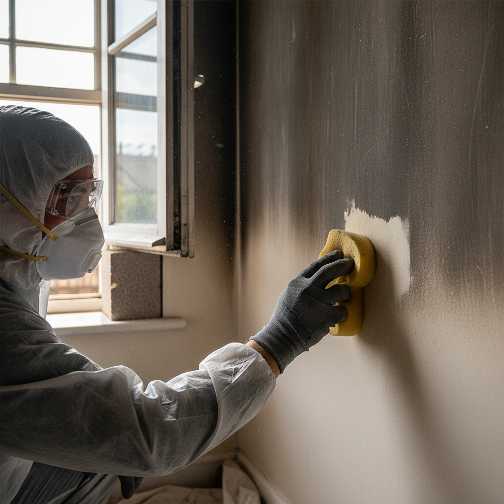 A person, wearing appropriate personal protective equipment including work gloves, an FFP2 respirator mask, and safety goggles, is meticulously cleaning a visibly smoke-stained wall in a domestic setting. They are holding a light-colored, rectangular dry cleaning (soot) sponge and are shown in the act of gently wiping a section of the darkened wall, revealing a cleaner patch underneath. In the background, a partially open window indicates ventilation. The scene is well-lit, conveying a sense of methodical work and progress. Style: Realistic, clean professional photograph with a focus on human action and the tools used.