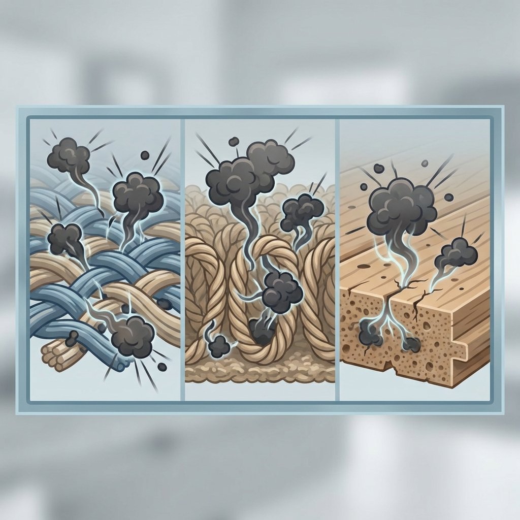 A detailed digital illustration depicting the microscopic interaction of smoke particles with common household materials. Visualize stylized, dark, smoky chemical compounds deeply embedding themselves into the fibers of a woven textile (like a couch fabric), the intricate strands of a carpet, and the porous surface of a wooden floorboard. Show a subtle sense of penetration and binding, indicating the stubborn nature of the smoke smell. The background should be clean and slightly blurred to emphasize the material textures and the invading particles. The overall style is modern and infographic-like, using a clean color palette.