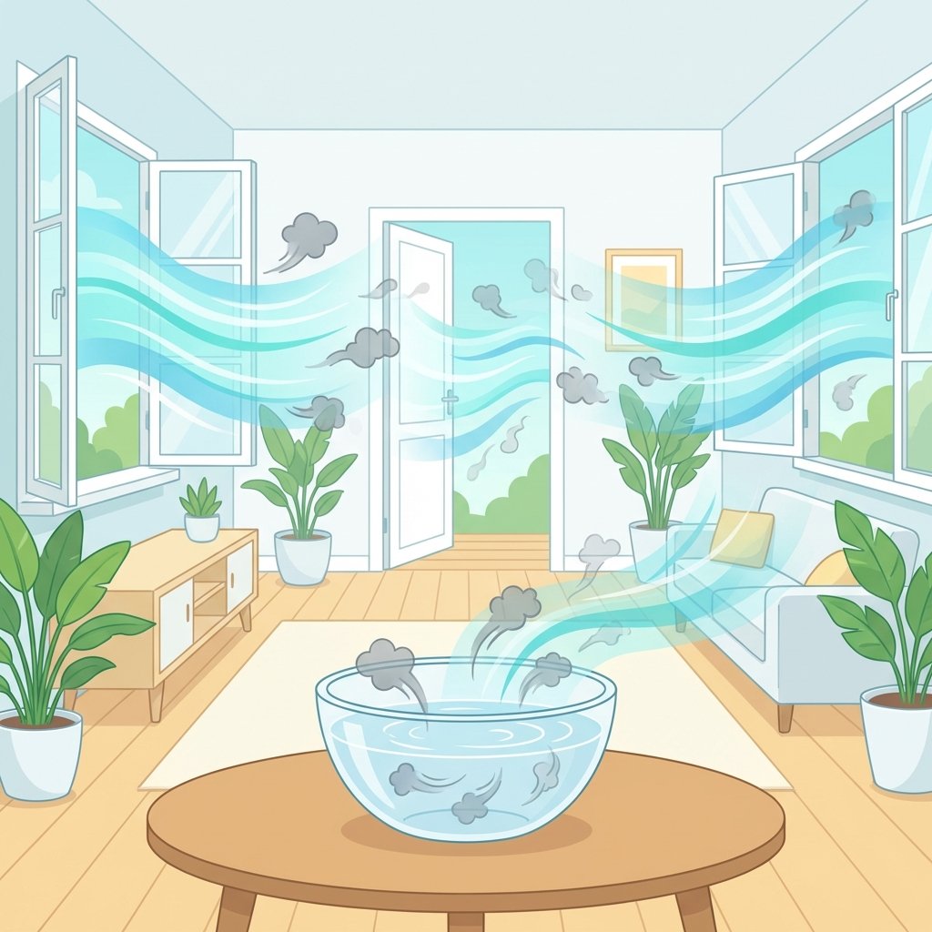 A vibrant flat illustration showcasing immediate actions against smoke odor in a domestic setting. The scene features a brightly lit room with wide-open windows and possibly a door, emphasizing maximal air circulation. Stylized wavy lines or subtle light blue gradients represent fresh air flowing powerfully through the space, pushing out faint, dark grey, cloud-like smoke symbols that are visually dissipating. In the foreground, a simple bowl filled with clear liquid (representing vinegar) is subtly absorbing some of these dissipating smoke symbols. The style is clean, modern, and uses a fresh, airy color palette with hints of grey for the smoke and green for freshness.