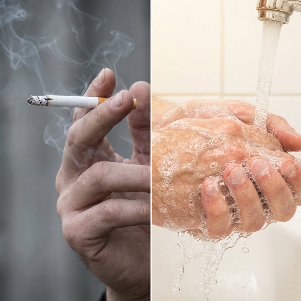 A professional photo depicting a hand holding a lit cigarette with faint, unpleasant-looking grey smoke swirling around the fingers. The image then transitions, possibly in a split-screen or sequential manner, to the same hand vigorously washing under a stream of clear, warm water, with abundant, white soap suds and bubbles illustrating a thorough cleaning process. The background is clean and neutral, emphasizing the contrast between the smoky residue and the refreshed, clean state.
