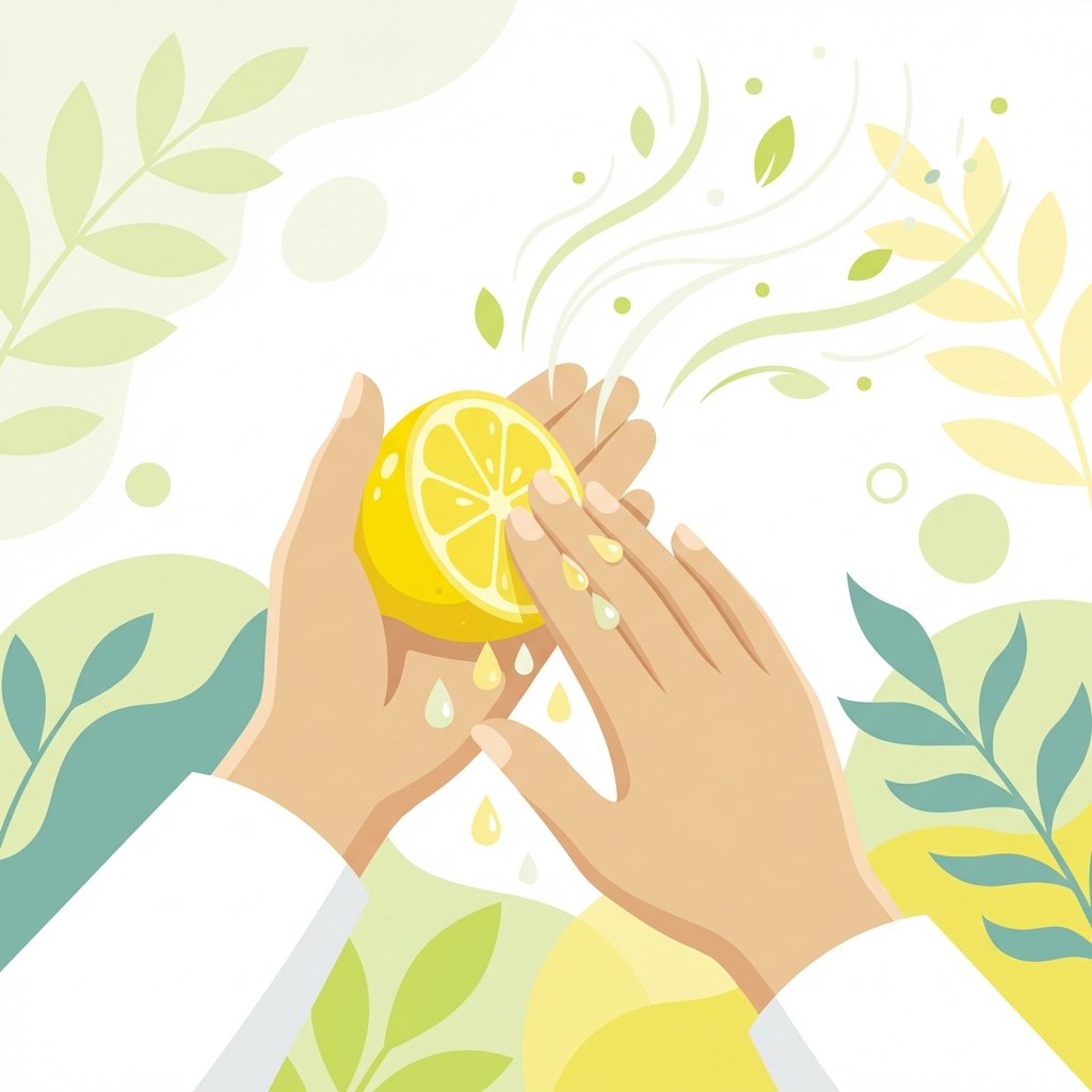 A bright and fresh flat illustration showing hands being actively rubbed with the cut half of a vibrant yellow lemon. Small, clear droplets of lemon juice are visibly being squeezed onto the fingers, creating a sense of natural cleansing and invigoration. Subtle stylized scent lines or clean-air indicators emanate from the hands, visually suggesting the neutralization of odors. The color palette should be dominated by fresh yellows, greens, and clean whites, conveying a feeling of natural efficacy and pleasant aroma.