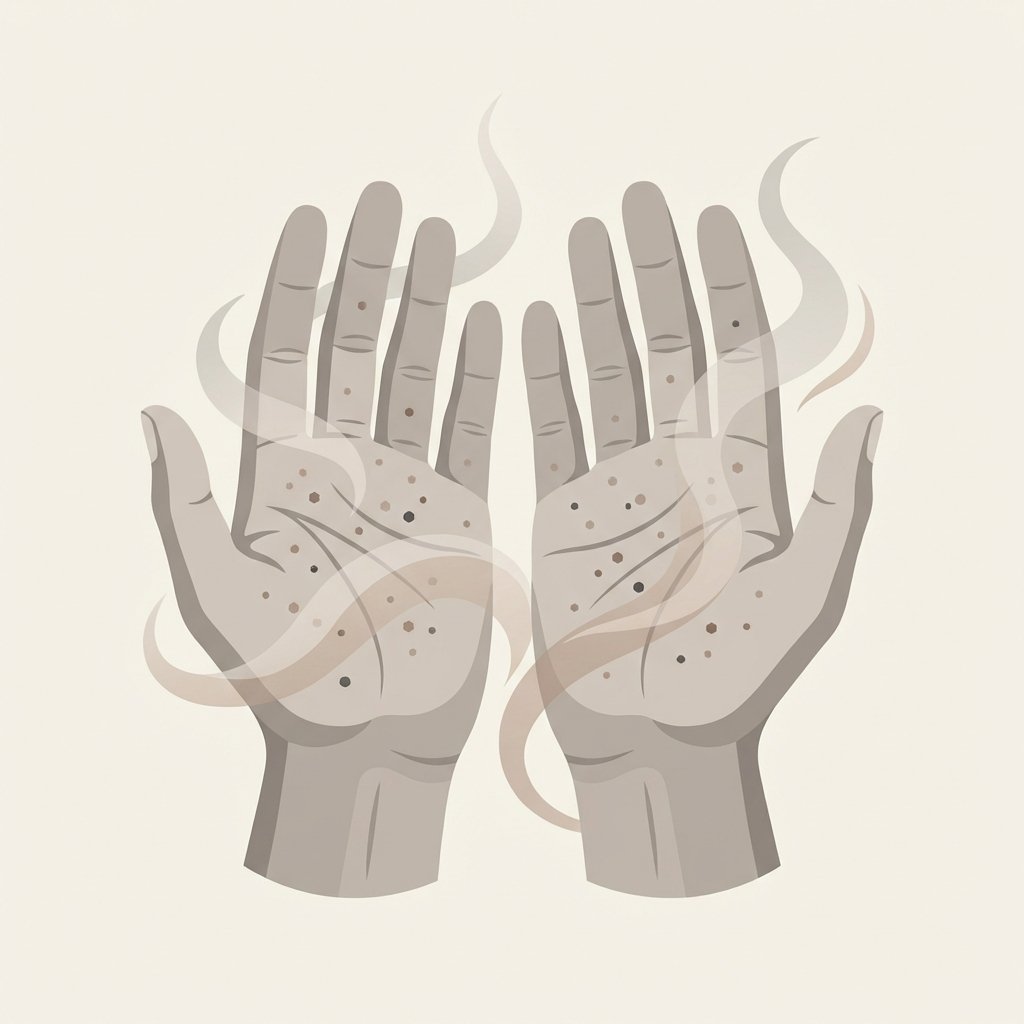 A conceptual flat illustration depicting a pair of hands with faint, translucent wisps of smoke visually clinging persistently to the skin, particularly around the fingers and palms. Tiny, abstract particulate shapes subtly represent odor molecules embedded within the skin's surface, illustrating the stubborn nature of smoke smell. The background is clean and minimalistic, focusing attention on the hands and the clinging smoke. The overall style is clean and modern, using a muted color palette with subtle warm grey and brown tones for the smoke, contrasting with natural skin tones.