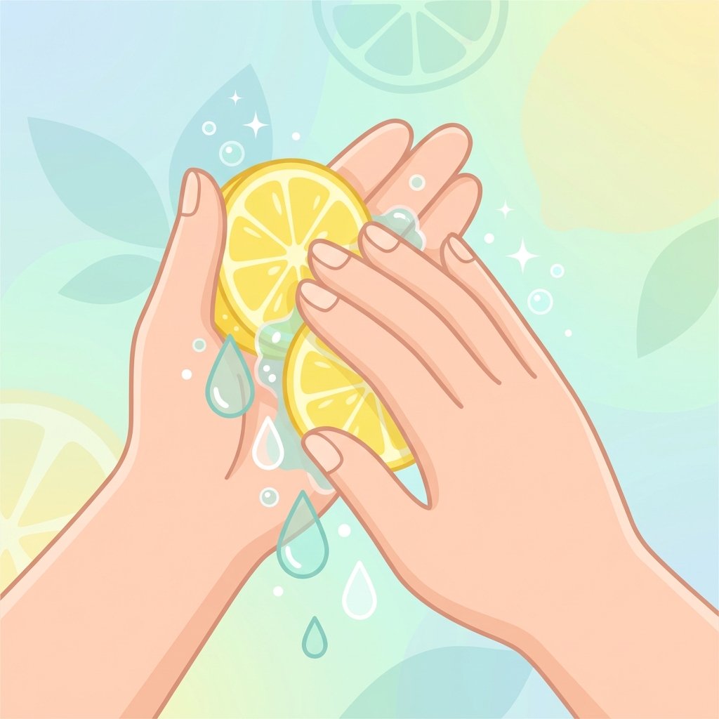 A vibrant and fresh flat illustration showcasing a pair of hands being gently rubbed with slices of bright yellow lemons. Drops of lemon juice are visibly interacting with the skin, suggesting a cleansing and neutralizing action. The scene conveys a strong sense of natural remedy, freshness, and cleanliness, with a light and airy background. Emphasize the natural process and the refreshing potential. The style is crisp and inviting, utilizing cheerful yellow and green accents for the lemons against clean skin tones, highlighting an effective home solution.