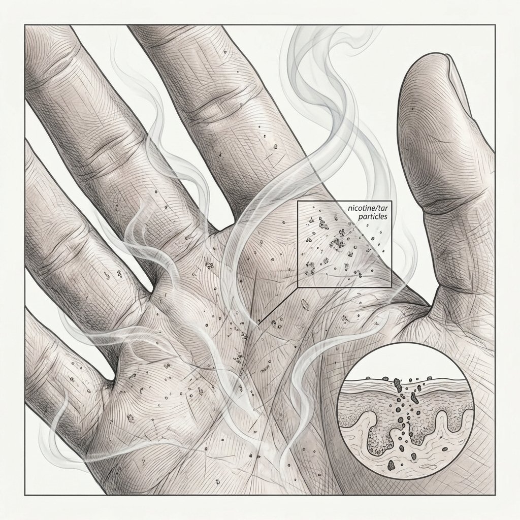 A close-up, slightly magnified view of human skin on a hand. Wisps of translucent, light gray smoke subtly swirl around the fingers and palm. Tiny, almost microscopic dark particles, representing nicotine and tar, are depicted adhering to and subtly penetrating the pores and ridges of the skin's surface. The overall impression is one of the persistent nature of smoke residue on the skin. Style: Detailed scientific illustration with a touch of abstract art, focusing on texture and subtle movement, clean and sterile aesthetic.