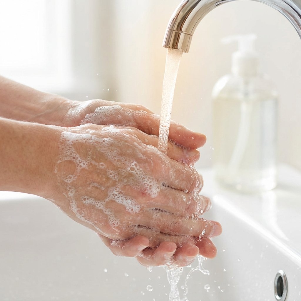 A pair of hands being thoroughly washed under a stream of warm water from a faucet. Rich, white suds are visible, particularly between the fingers and across the palms, indicating effective scrubbing. In the background, out of focus, a generic bottle resembling dish soap is subtly present on a sink edge. The overall image conveys a sense of freshness and cleanliness, with water droplets splashing gently. Style: Clean, bright professional photo emphasizing action and hygiene, with soft lighting and a focus on the hands and water.