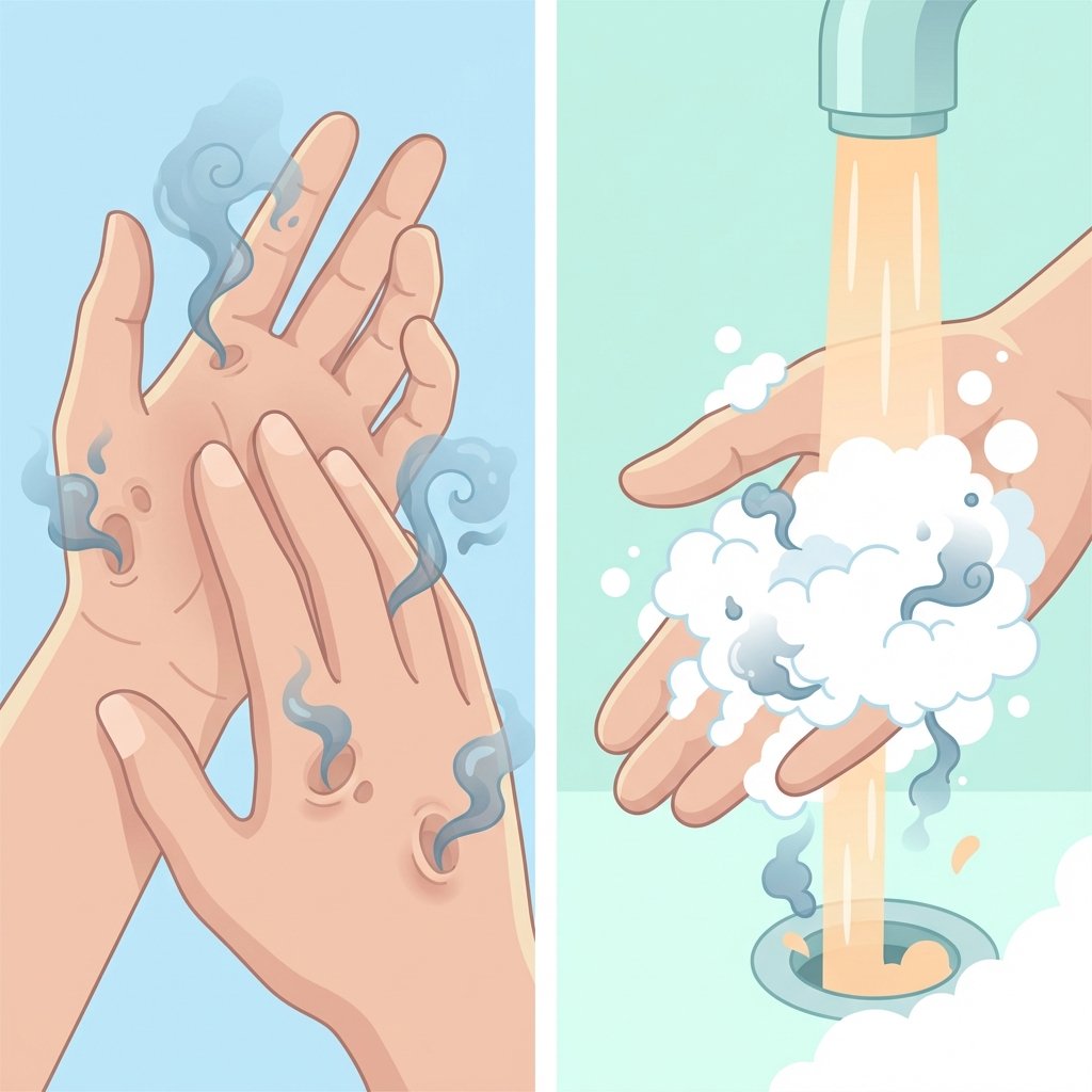 A close-up, modern flat illustration of human hands, with translucent, swirling smoke-like particles visibly clinging to the skin's surface and within visible pores. An adjacent scene shows one hand being thoroughly washed under a stream of warm water, producing rich, abundant soap suds. The smoke particles are depicted visibly dissolving and being carried away by the water and soap, emphasizing the cleansing action. The color palette should be clean and fresh, highlighting effective hygiene.