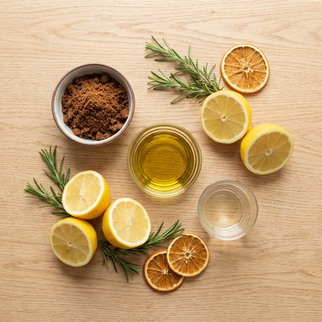 A vibrant, aesthetically pleasing flat lay photograph showcasing various natural ingredients used for hand odor removal. The composition includes a small bowl of brown sugar, a clear dish of golden olive oil, several fresh lemon halves, and a small glass containing clear white vinegar. These items are artfully arranged on a clean, light-colored wooden surface, conveying a sense of natural remedies and freshness. Soft, natural lighting should enhance the textures and colors.