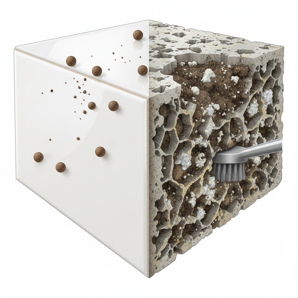 A highly detailed, macro-level scientific illustration contrasting a smooth tile surface with a rough, textured tile surface. On the smooth tile, dirt particles appear to slide off easily. On the rough tile, dirt, tiny soap scum particles, and miniature limescale deposits are visibly lodged deep within the pores and uneven indentations of the tile. Use a cross-section or cutaway view to emphasize the depth of the texture. The rough tile should appear duller and discolored due to the trapped grime, while the smooth tile looks clean and reflective. The illustration should highlight the microscopic challenge of cleaning rough surfaces.