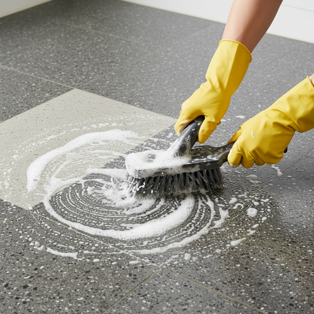 A dynamic, well-lit professional photo showing a section of rough, textured floor tiles being effectively cleaned. A person's hands are actively using a sturdy cleaning brush with stiff bristles, scrubbing the tile surface. Water and a foamy, active cleaning solution are visible, working into the textured grooves and lifting dirt. One part of the tile section should clearly appear significantly cleaner and brighter, contrasting with an adjacent, still-dirty section, visually emphasizing the cleaning process and its immediate positive effect. The overall aesthetic should be clean and bright.